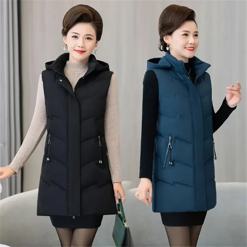 

Autumn Winter Mid-Long Down Vest Coat Women 2023 New Loose Hooded Waistcoat Pure Colour Fashion Pocket Vestidos Female