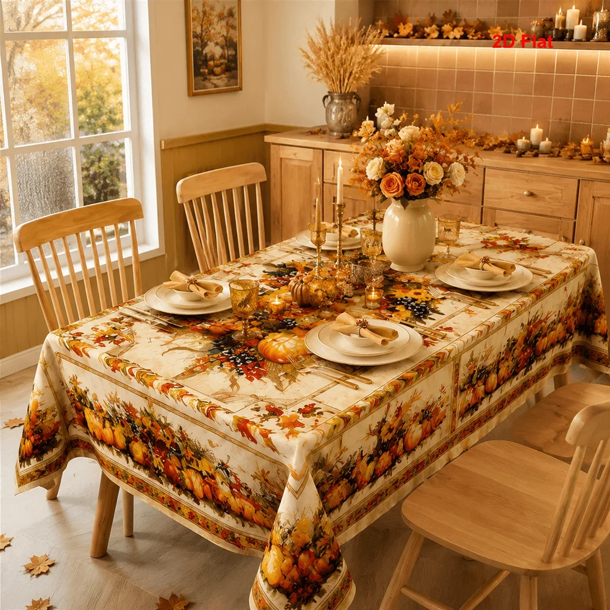1 piece of 2D rectangular tablecloth, farmhouse style, autumn harvest, pumpkin, maple leaf printed tablecloth for kitchenxzj