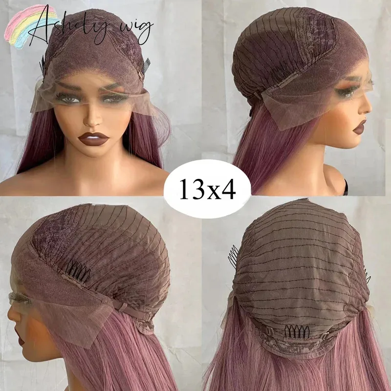 Doce 2025 rosa roxo 13x4 perucas 26 polegada longa reta haiti uso diário wear and go peruca dianteira do laço sem cola sintético la