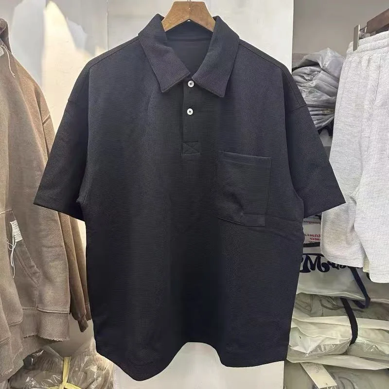 2026 Spring Summer Solid Color Pocket Oversized Polo T-Shirt Black Apricot Dark Gray Men Women Premium Quality Casual Tee