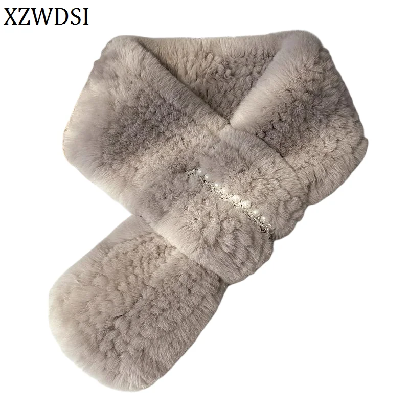 Customized Elegant Women Luxury Winter Design Hand Knitted Rex Rabbit Fur Scarf With Pearl