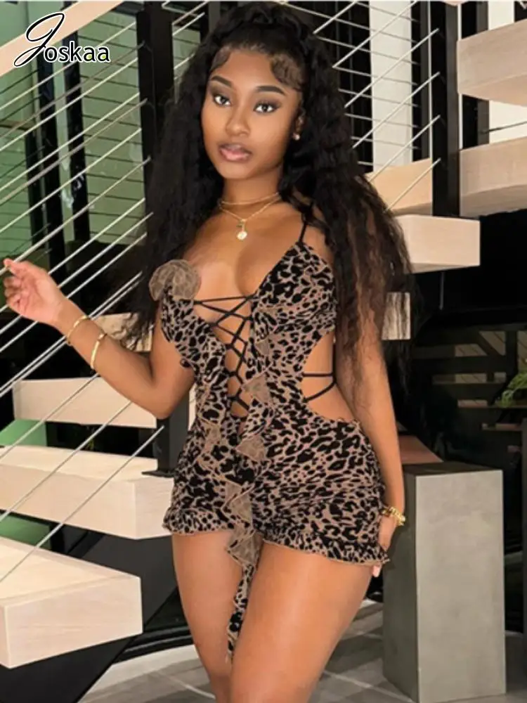 

Joskaa Women Ruffles Leopard Print Hollow Bandage Playsuits Sexy Spaghetti Strap V-Neck Backless Skinny Rompers 2025 Beachwear