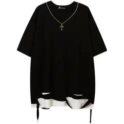 Trend Hole Patchwork Plus Size T Shirts Summer New Short Sleeve Fake Two Pieces Street Casual Tops Fashion Vintage Women Clothes