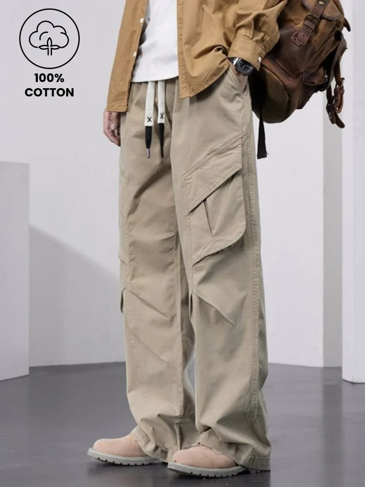 

100% Cotton 2025 Autumn New Men's Drawstring Pants Fashion Comfortable Pocket Cargo Pants Loose Straight Wide Casual Trousers