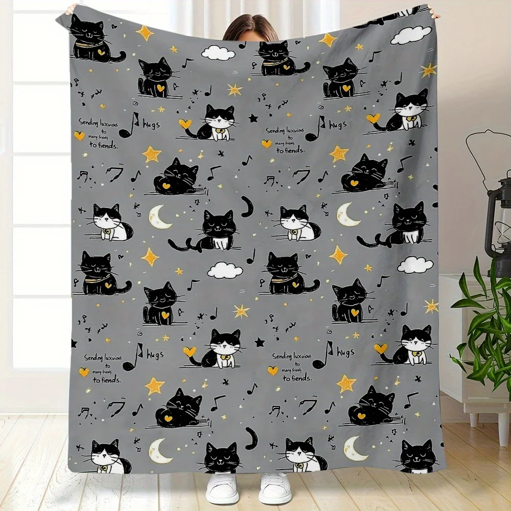 Musical Black-and-White Cat Motif Lightweight Flannel Blanket - Soft, Cozy, All-Season Throw for Sofa, Bed, Travel, and Office