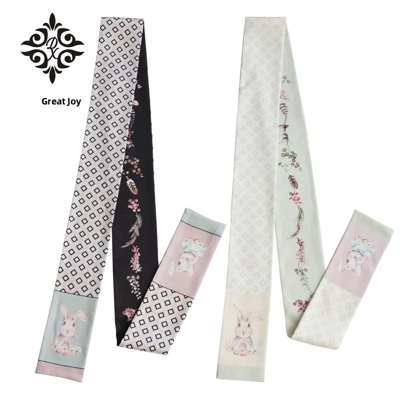 Pañuelo largo y estrecho de seda con diseño de conejo del bosque y flores secas, cinturón, diadema, accesorio para atar bolso...