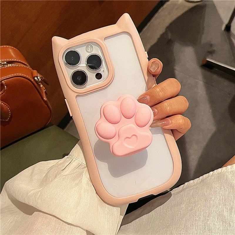 Japan Cartoon Cute Cat Paw Stand Clear Phone Case For iPhone 15 13 14 12 Pro Max 11 Lovely Cat Ear Silicone Protective Cover