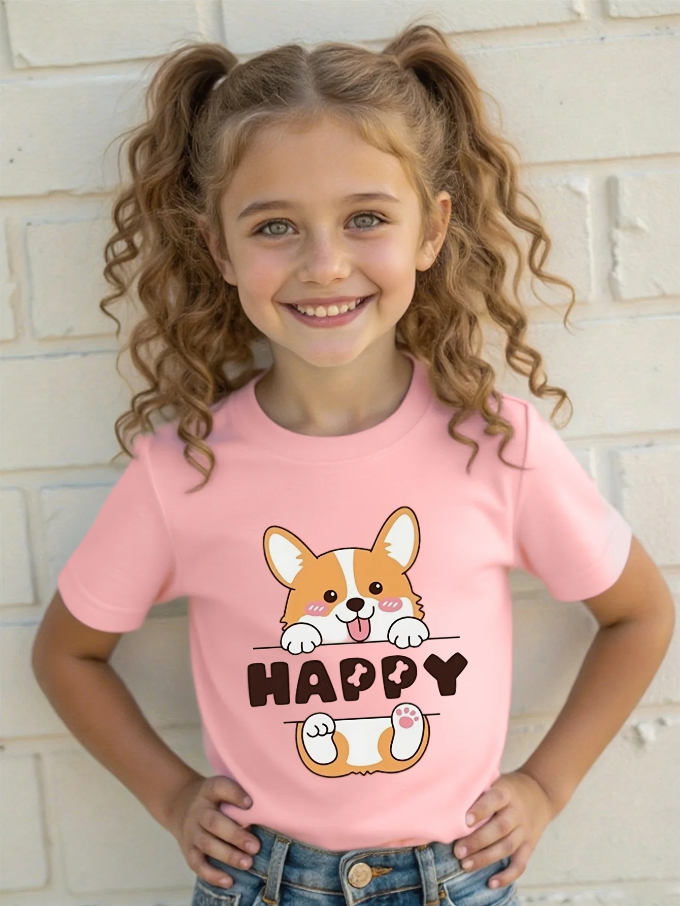 Happy Corgi Puppy Cartoon Print Kids T Shirt Family Matching Outfit Boys Girls Kids Short Sleeve Children Daily Tees Tops