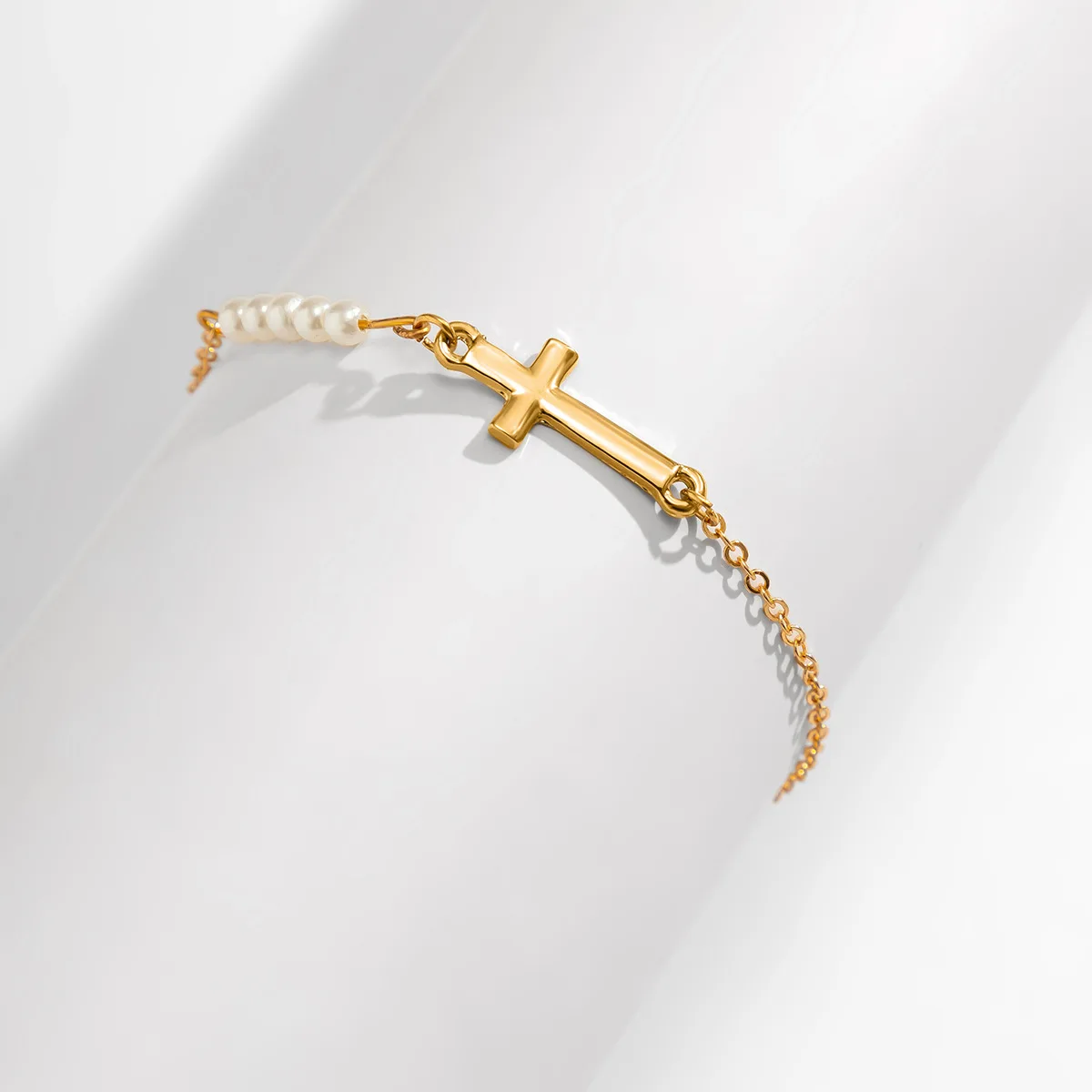 Pearl Simple Metal Cross Chain Bracelet