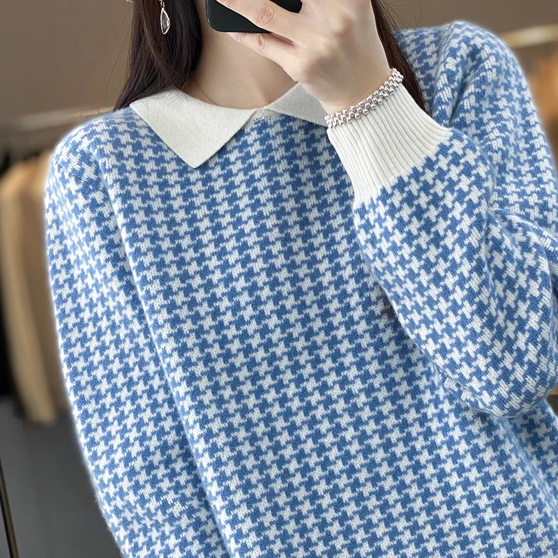 Atasan lembut wanita, pakaian rajut wol kerah Polo Houndstooth tebal Pullover kasmir musim gugur dan dingin 100%