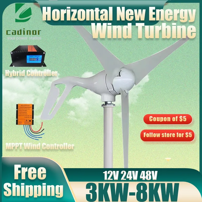 New Energy 3KW 5KW 8KW 12V-48V Small Windmill 8 Blades Horizontal Wind Turbine Generator Free MPPT controller For Homeuse