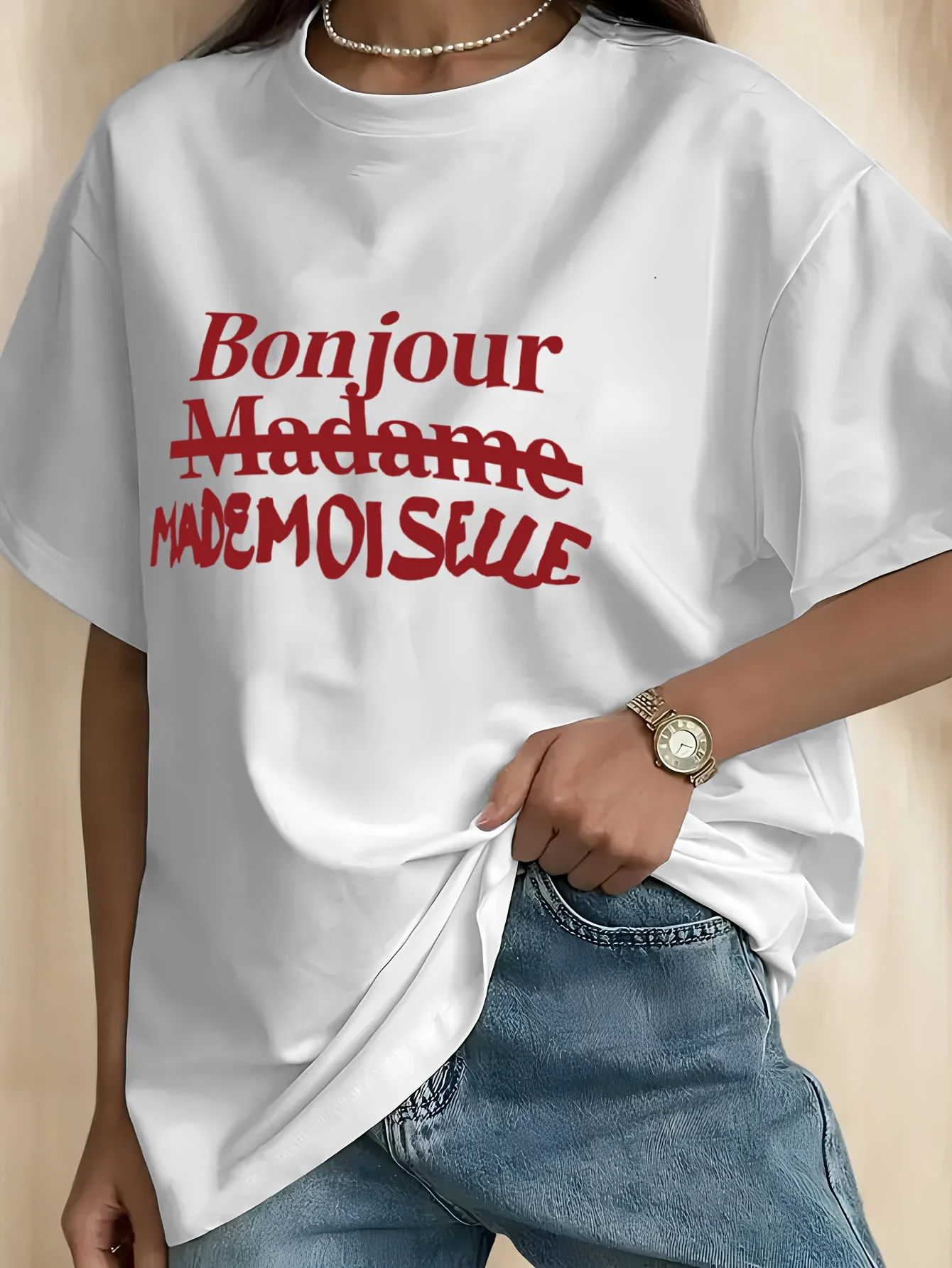 Bonjour Madame Letter Graphic Tee White Summer Aesthetic T-Shirt Retro French Paris Top Casual Short Sleeve Loose Streetwear