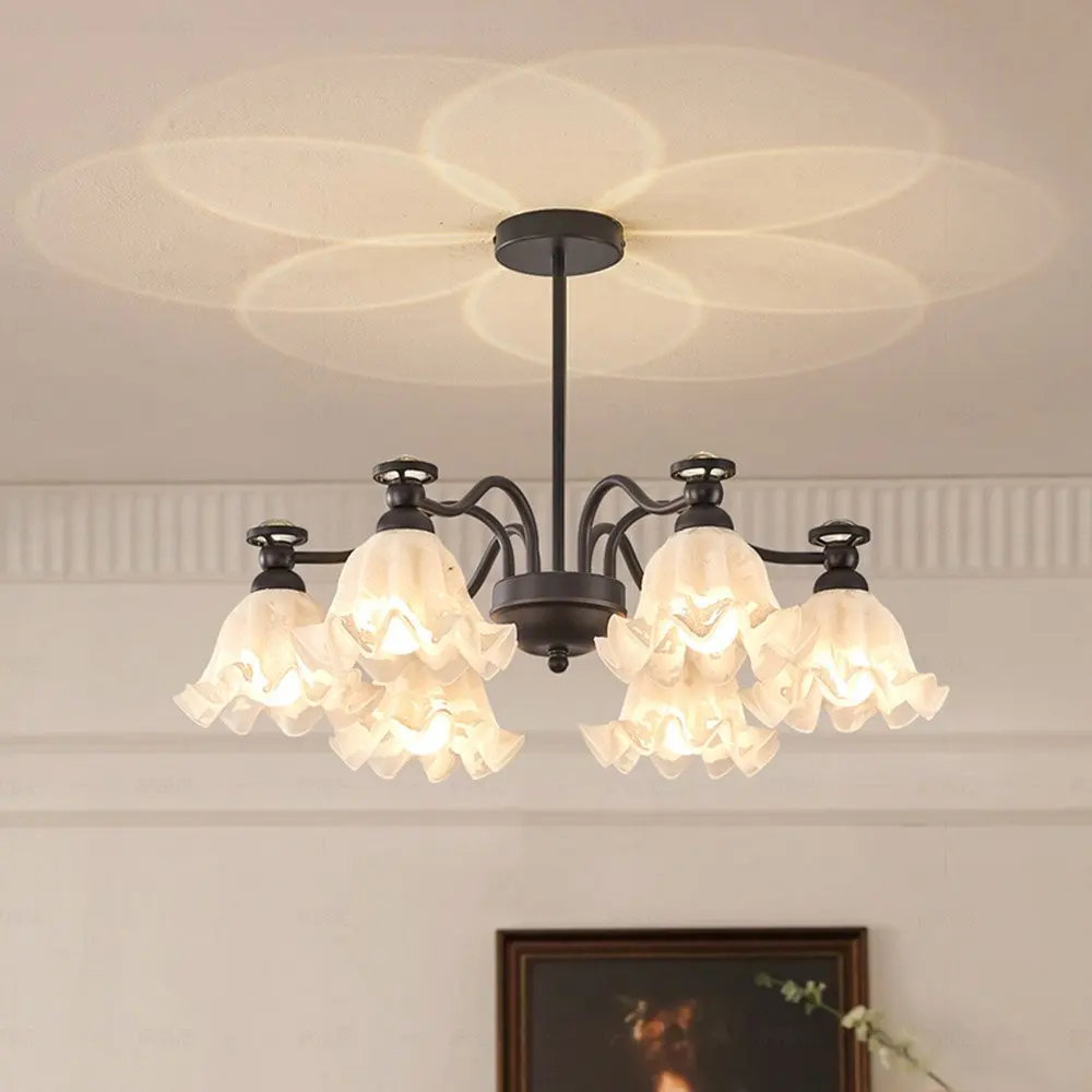French Vintage Chandelier Glass Lily Lampshade Frosted Petal Pendant Light Retro Bedroom Ceiling Hanging Lamp for Living Room