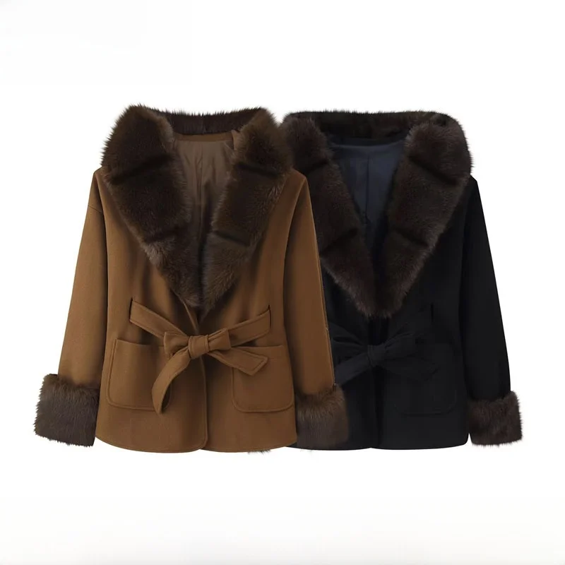 

New Autumn Winter Women's Faion Woolen Coat with Fur Collar And Hat Zipper Closure Regular Length Commute Sle Polyester F...