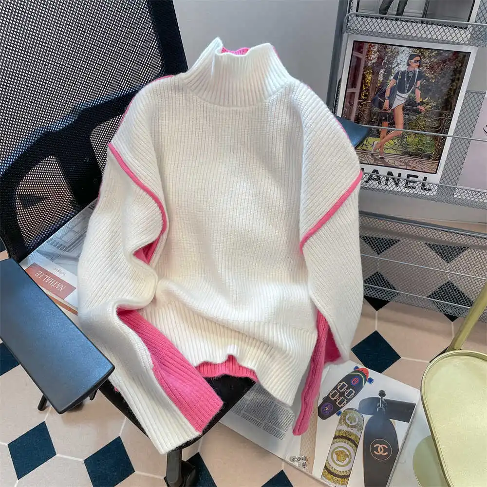 

Women's Pink White Patchwork Pullover Sweater Harajuku Korean Long Sleeves Turtleneck Knitted Sweaters Vintage Y2k 2000s Clothes