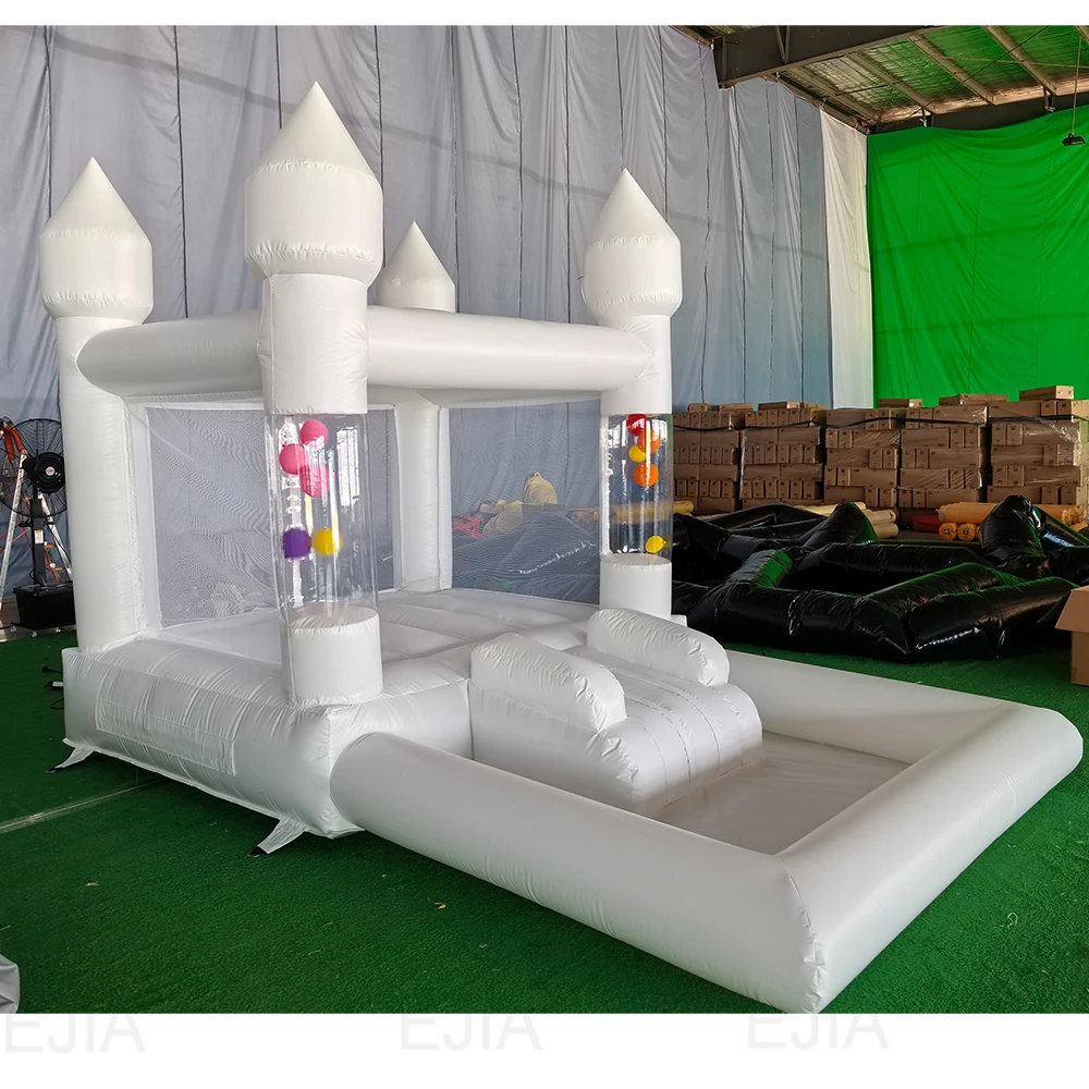 13ft/4m Inflatable White Bounce House with Balloon Columns 100% PVC Commercial Grade Bounce Castle for Wedding Birthday Party
