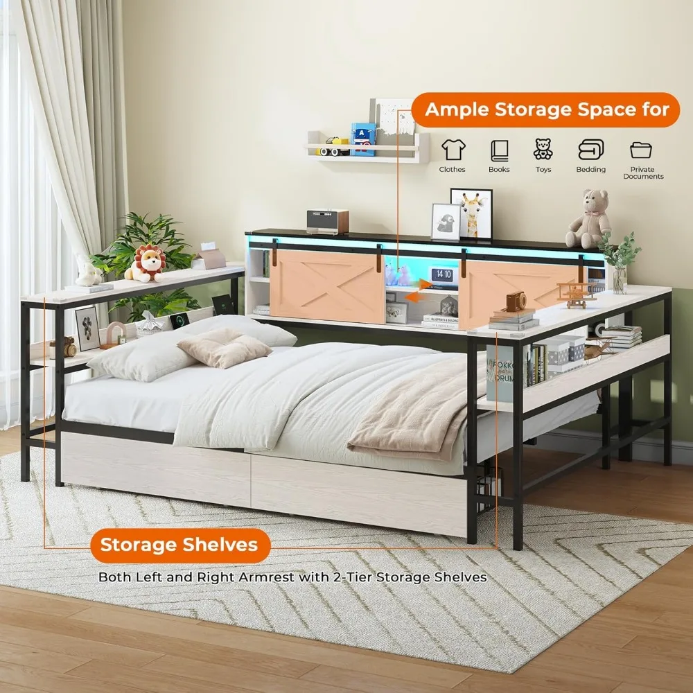 سرير Hasuit ذو زاوية كاملة مع أدراج وأرفف تخزين لخزانة الكتب، وسرير نهاري كامل مع محطة شحن وإضاءة LED، وخشب المزرعة