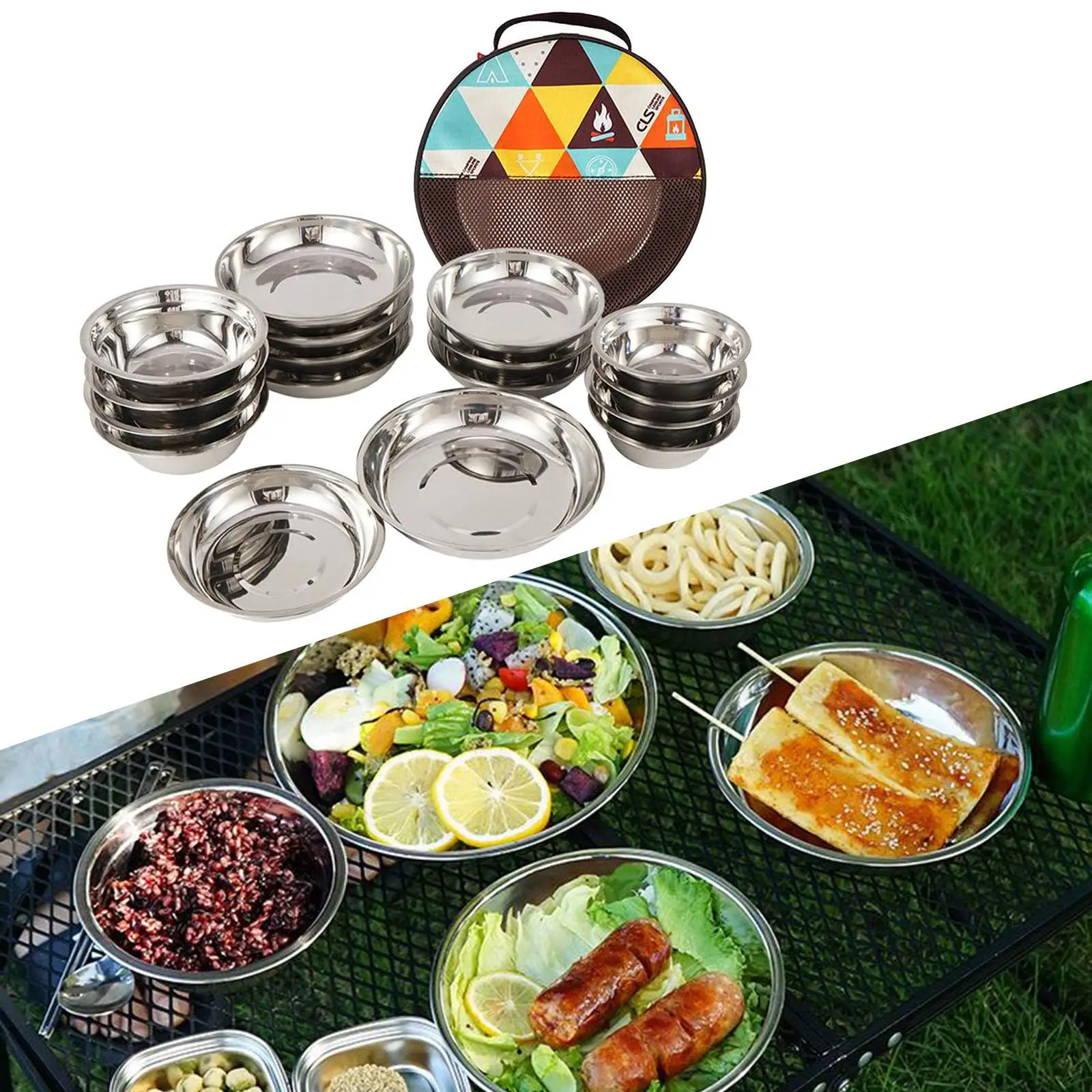 17Pcs Stainless Steel Pan Dish Plate Outdoor Camping Tableware Cookware Mess Kit