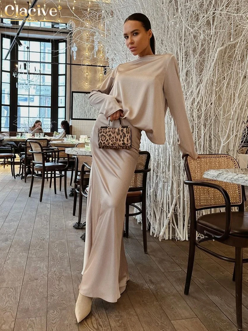 Clacive Casual Khaki Satin 2 Piece Sets Women Outfit 2024 Fashion Long Sleeve Shirt With High Waist Long Skirts Set Streetwear