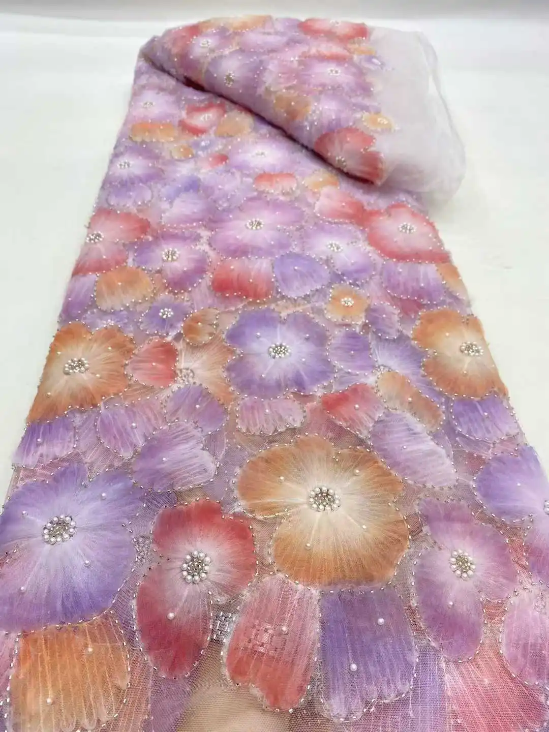 2025 Neueste Afrikanische Net Spitze Perlen Chiffon Spitze Stoff Hohe Qualität 3d 5 Yards Nigerian Französisch Tüll Spitze Stoff für Hochzeit