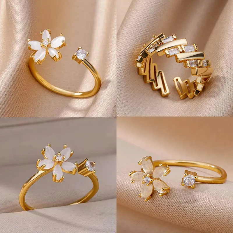 Anéis de flor de opala para mulheres zircônia cúbica abertura anel de flor de aço inoxidável casamento floral jóias estéticas anillos mujer