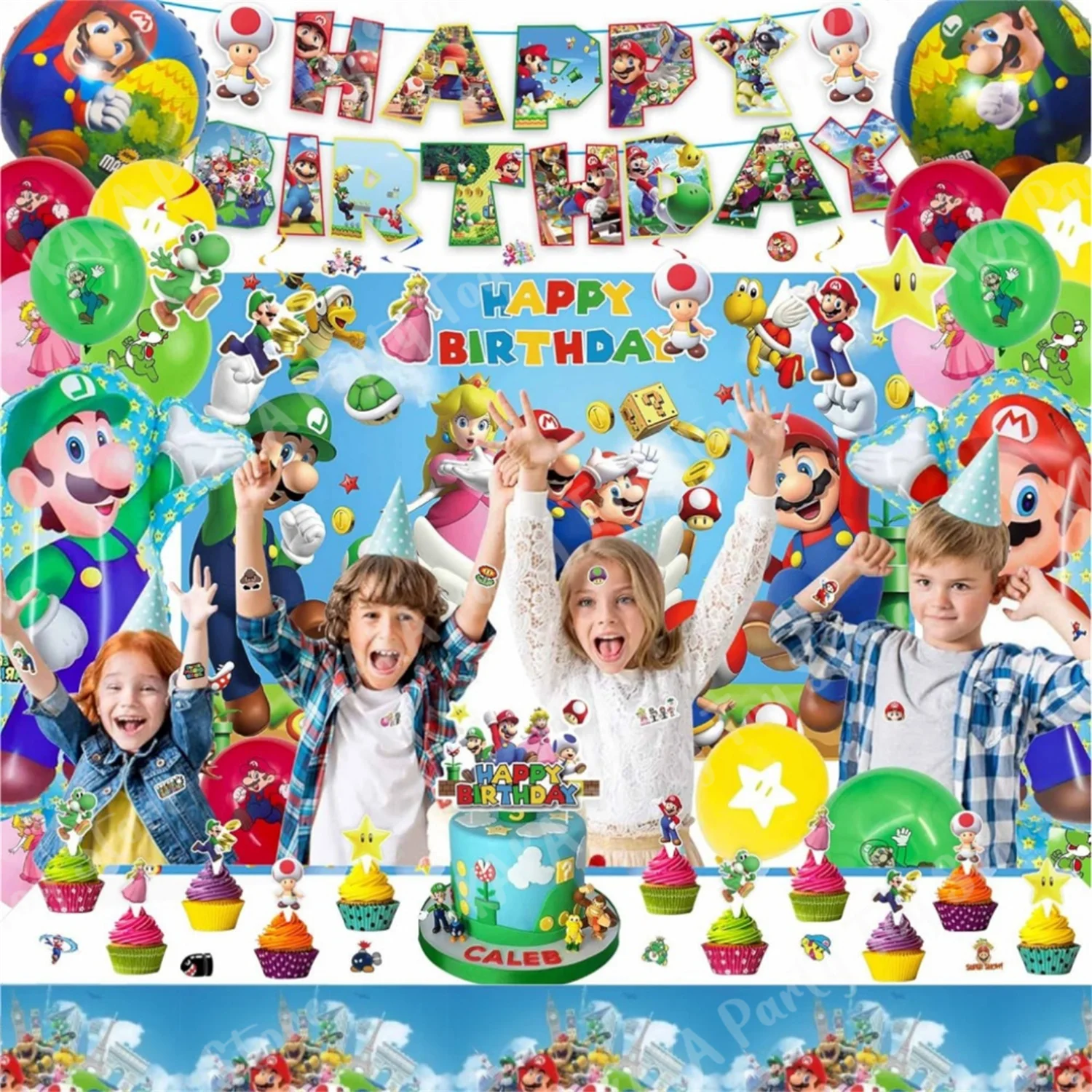 Super Mario Birthday Decorations Cartoon Mario Bros Balloons Paper Tableware Stickers Backdrop For Kids Party Supplies Toy Gifts