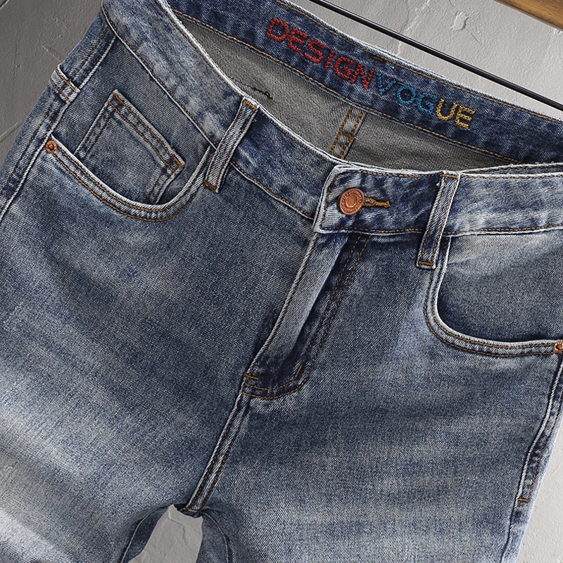 Summer Simple Fashion Men Jeans Retro Washed Blue Elastic Vintage Short Jeans Homme Embroidery Designer Casual Denim Shorts Men
