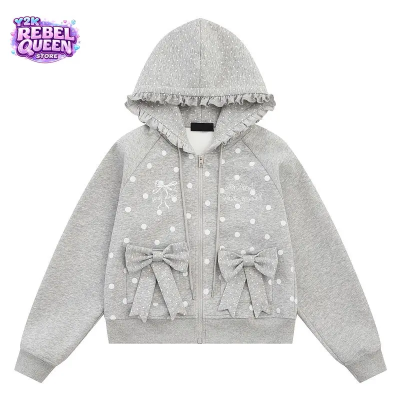 Sweet Coquette Y2K Polka Dot Cropped Zip Up Hoodie Women Bow Pocket Ruffle Trim Hood Embroidered Casual Streetwear Sweatshirt