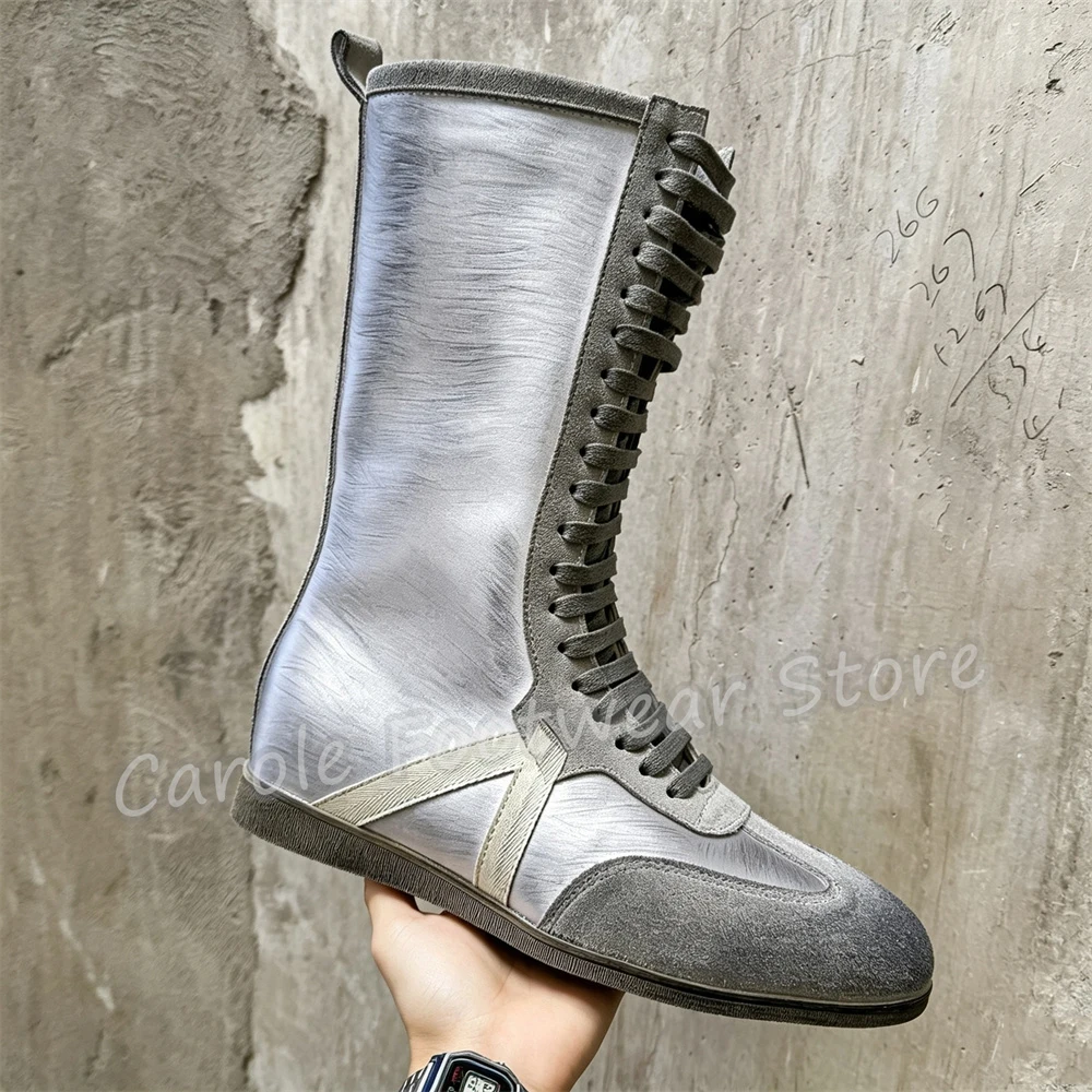 British Style Mixed Color Distressed Leather Boots Male Lace Up Side Zipper Mid Calf Boots Fashion High Top Casual Flat Boots