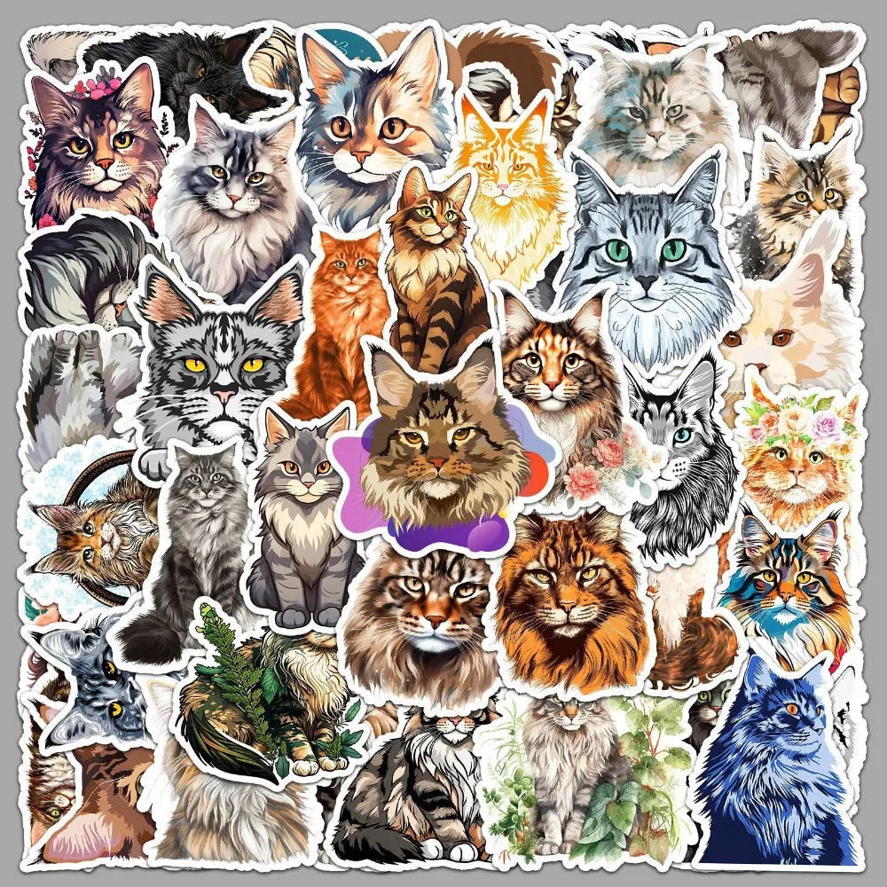 10/50pcs Cute Cat Maine Coon Stickers Notebook Stationary Scrapbook Laptop Phone Guitar Kawaii Animal Decal for Kids DIY Toy