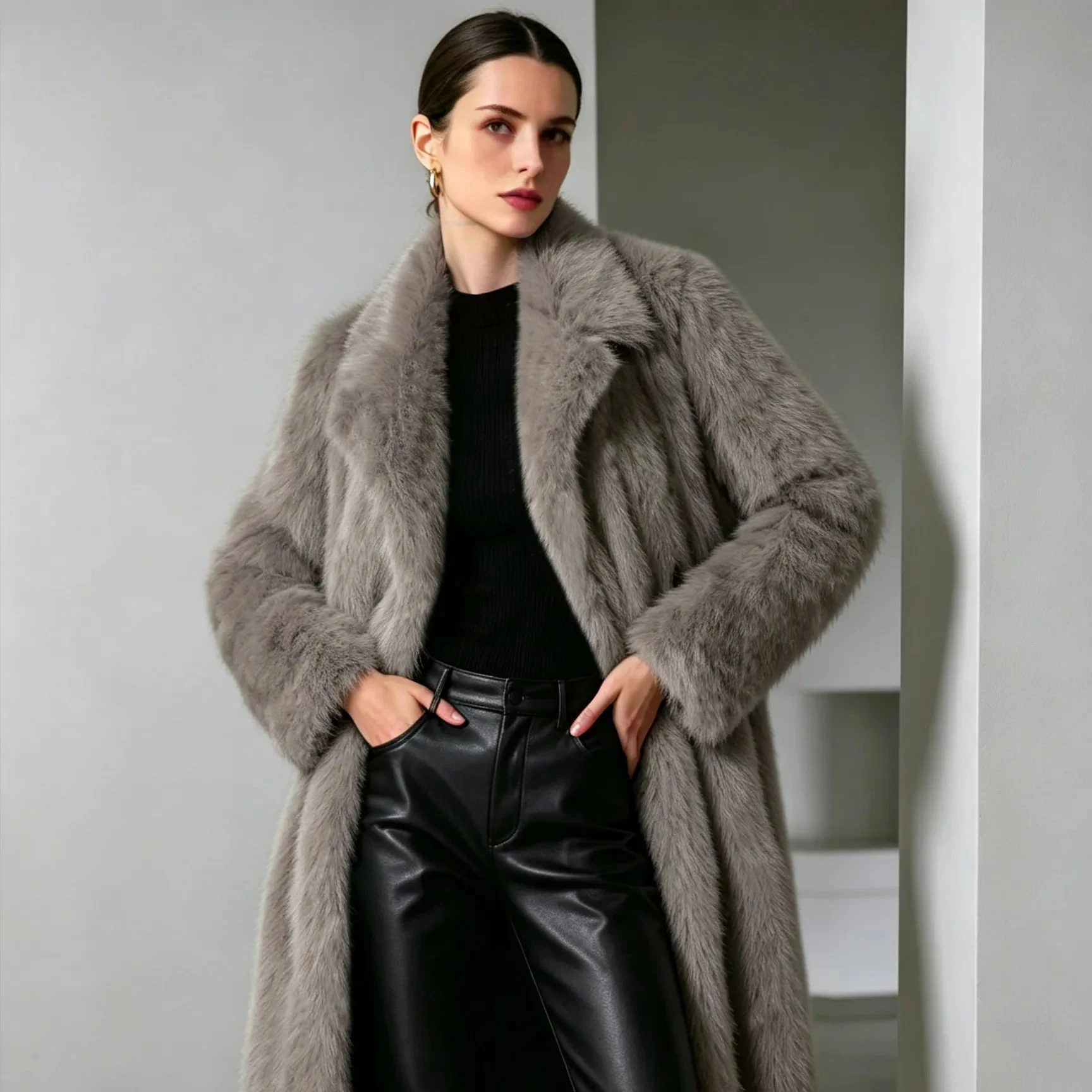 Women's Grey Long Faux Fur Overcoat Lapel Collar Loose Luxury Fluffy Thick Warm Winter Long Sleeve Outerwear