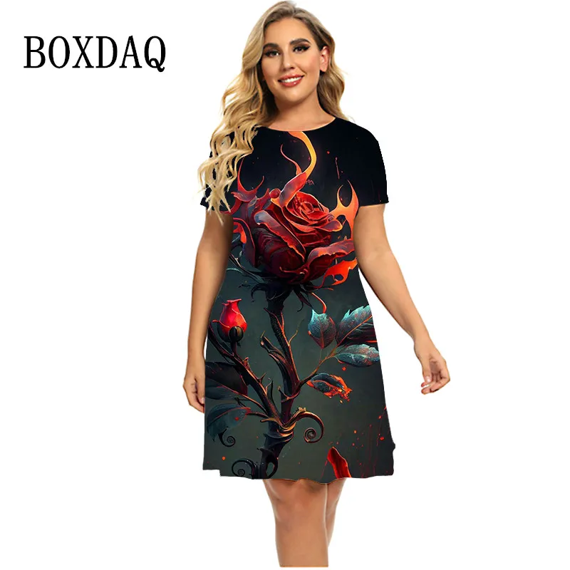 New Women Flame Red Rose Flower Dresses For 2023 Summer Pattern 3D Print Clothing Fashion Short Sleeve Loose Plus Size Dress 6XL