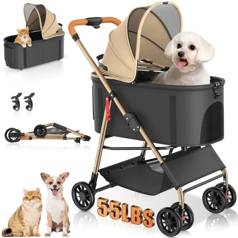 

Pet Stroller with 4 Wheels, Foldable Pet Travel Carrier for Small/Medium Dogs Cats up to 55lbs, Detachble Basket Removable