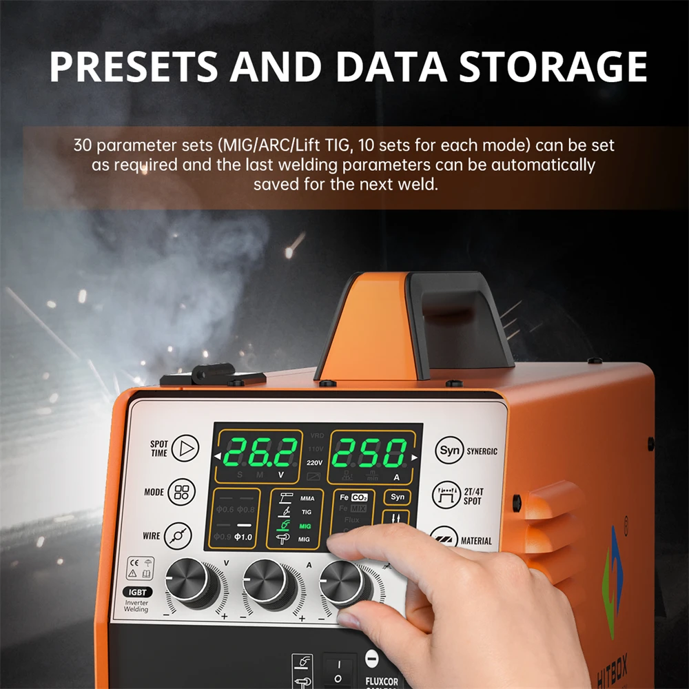 HITBOX 250A 6 in 1 Aluminum Welding Machine ARC MMA/MIG Gas Gasless/Lift TIG 2T 4T IGBT Inverter Semi-Automatic MIG Welder
