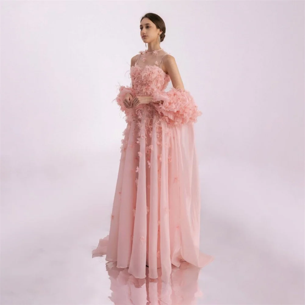 

Saudi Arabia Prom Dress Evening Scoop Neckline A-line Floor Length Skirts Draped Tulle Handmade Flower 3D Bespoke Occasio