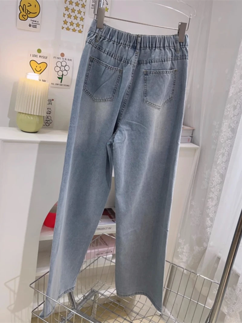 Korean Style 2024 Summer New Loose And Cute Cartoon Printed Wide Leg Jeans Women's Light Blue Long Casual Zipper Denim Trousers