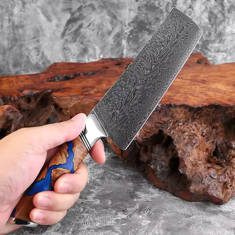 

Damascus Steel 7 Inch Nakiri Knife Japanese Premium Cleaver Knife,Kitchen Chopping Knife Asian Cooking Knives Full-Tang Handle