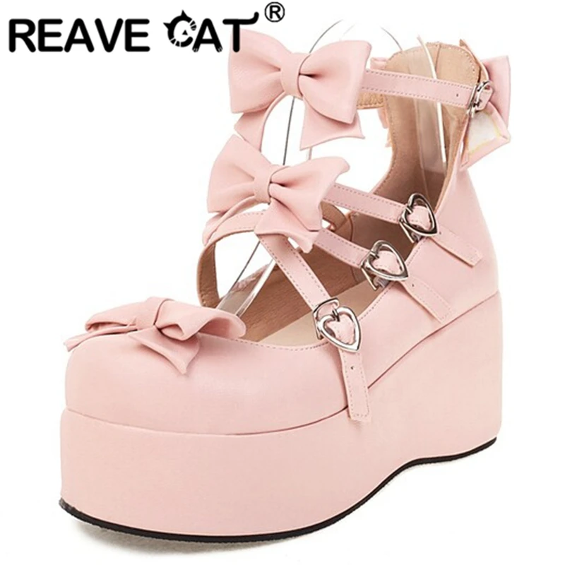 REAVE CAT Women Platform Pumps Round Toe Block Heels Crossed Straps Bowtie Sweet Girls 33-45 Black White Spring S3173