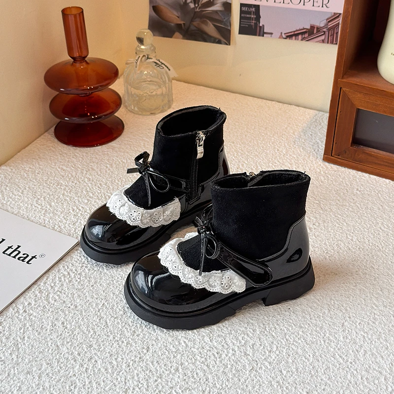 أزياء الأطفال السببية حذاء من الجلد جديد النبيذ الأحمر Bowknot الاطفال حفل زفاف الأميرة أحذية الفتيات منصة أحذية بوت قصيرة هوك حلقة