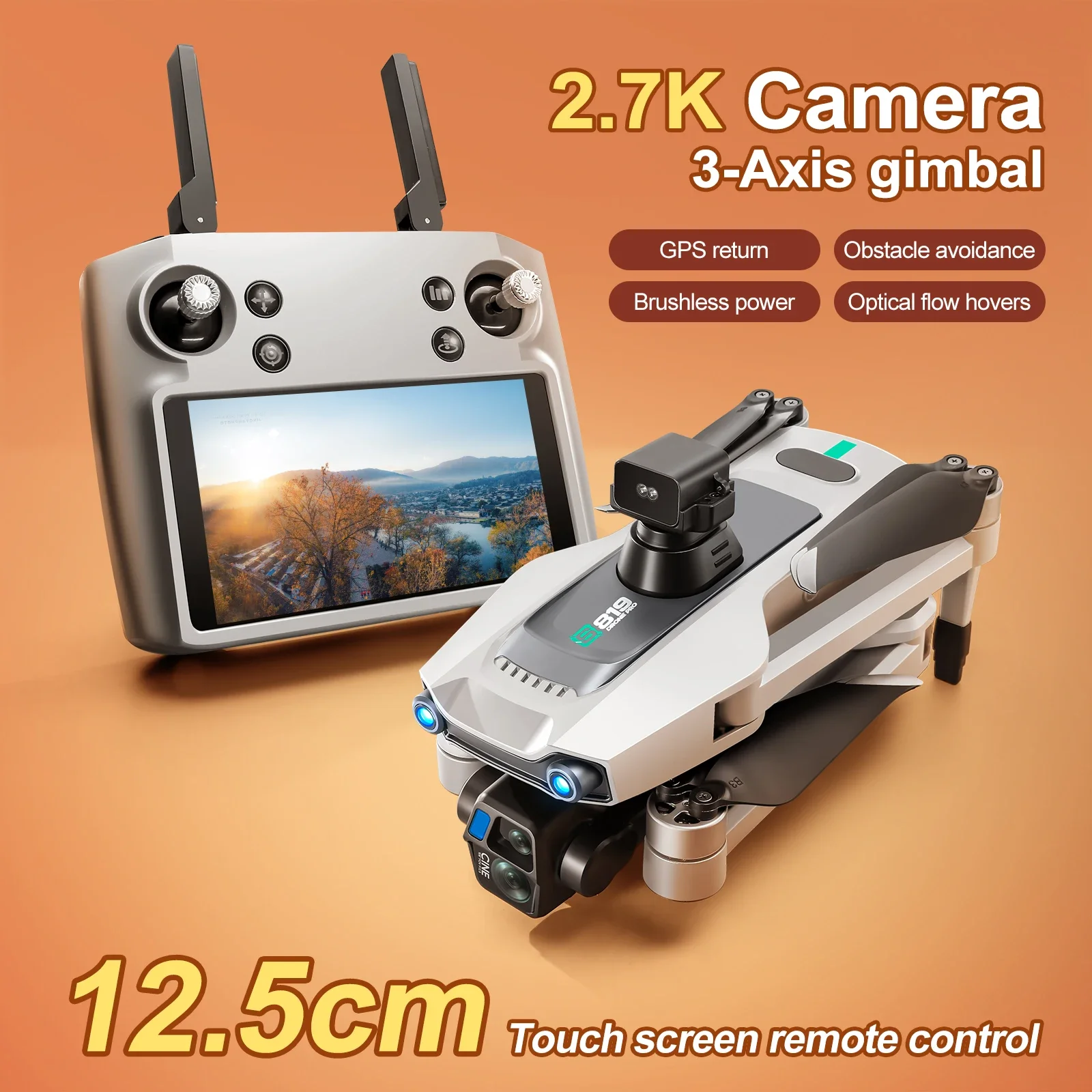 S819 Drone GPS FPV 6KM 3-axis Gimbal 2.7K Dual Camera 360° Obstacle Avoidance Screen Control Quadcopter With 2 Batteries