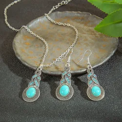 Vintage Bohemian Imitation Turquoise Earrings Necklaces Set for Women Classic Flower Round Water Drop Silver Color Jewelry
