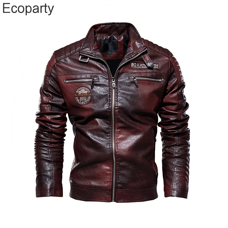New Men's Leather Jacket Men's Winter Fleece Men's Stand Collar Biker Casual Windproof Slim Fit Jacket Fleece Leather Jacket
