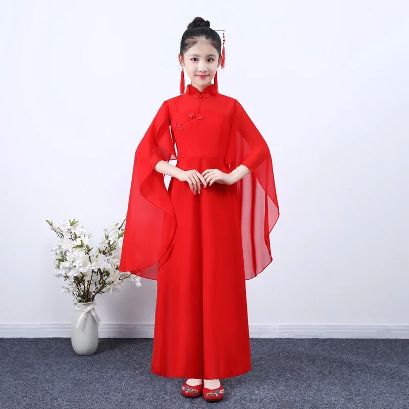 Traje de performance infantil guzheng hanfu, traje clássico tradicional antigo para meninas, nacionalidade, piano folclógico de dança, vestido de palco