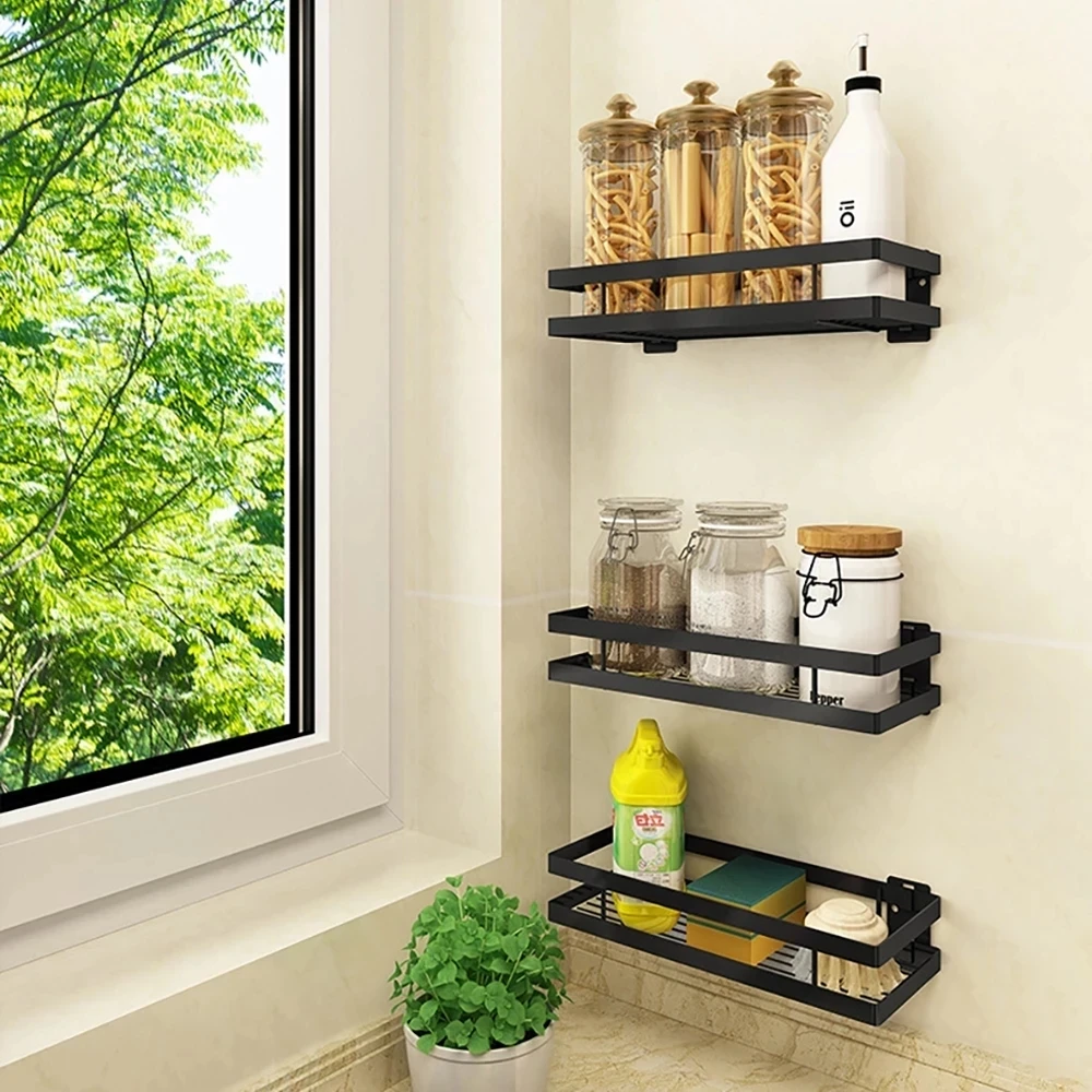 Bathroom Kitchen Organizer Wall Mount Bracket Holder Wall Storage Shelf for Spice Jar Rack Cabinet Shelves Kitchen Gadgets Suppl