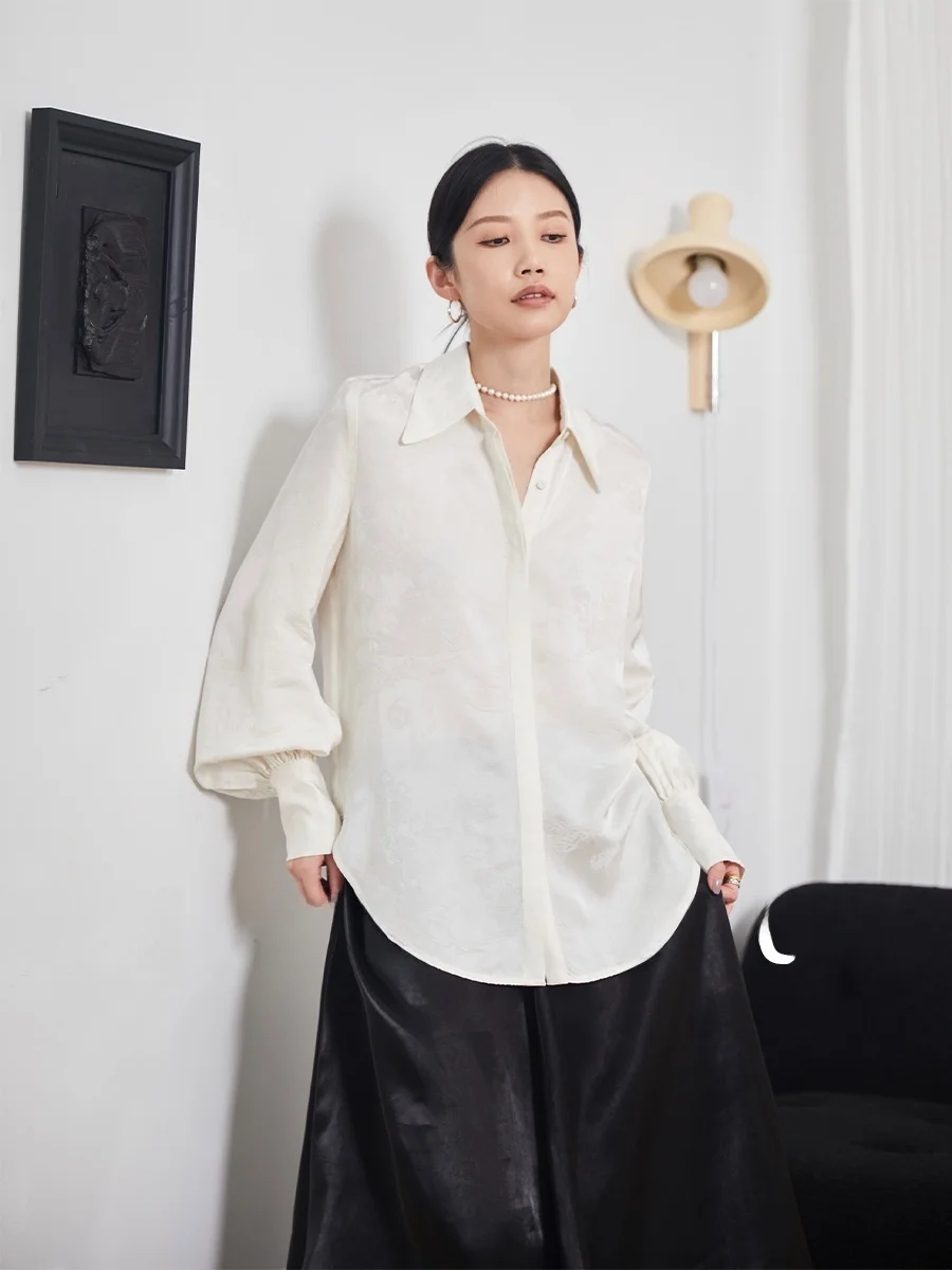 

JessXu Loose Fit Silk Cotton Long Sleeve White Shirt Simple Design Commute Style Fashionable Lantern Sleeve Embroidery