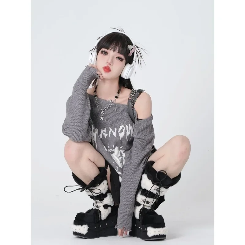 Deeptown Y2k Black Women Sweater Anime Off Shoulder Harajuku Japanese Fashion Knitted Pullovers Gothic Gyaru Loose Jumper Autumn