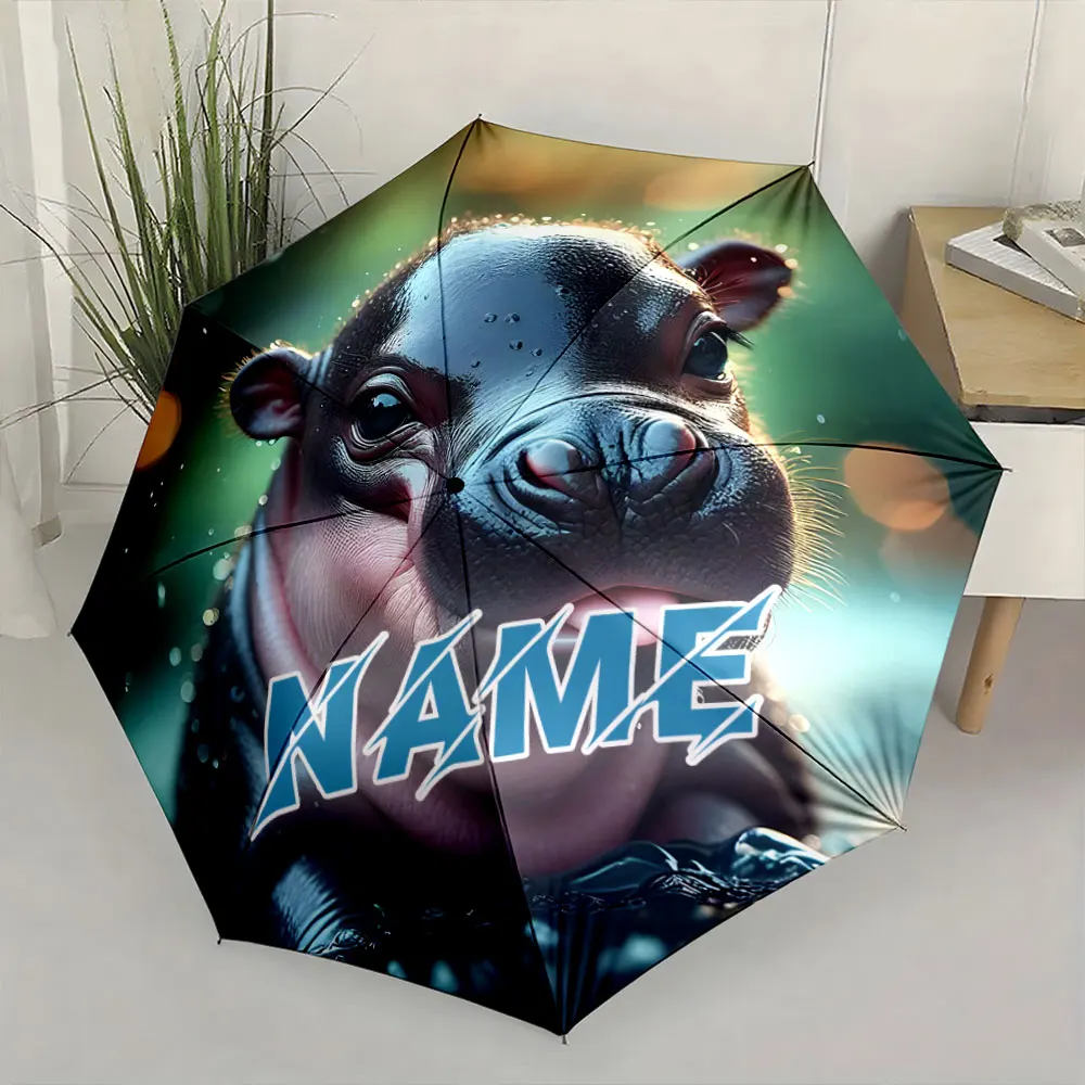Custom Name Umbrella,Cute Baby Hippo Art Print Folding Umbrella for Sunny and Rainy,Birthday Christmas Gift for kids and adults