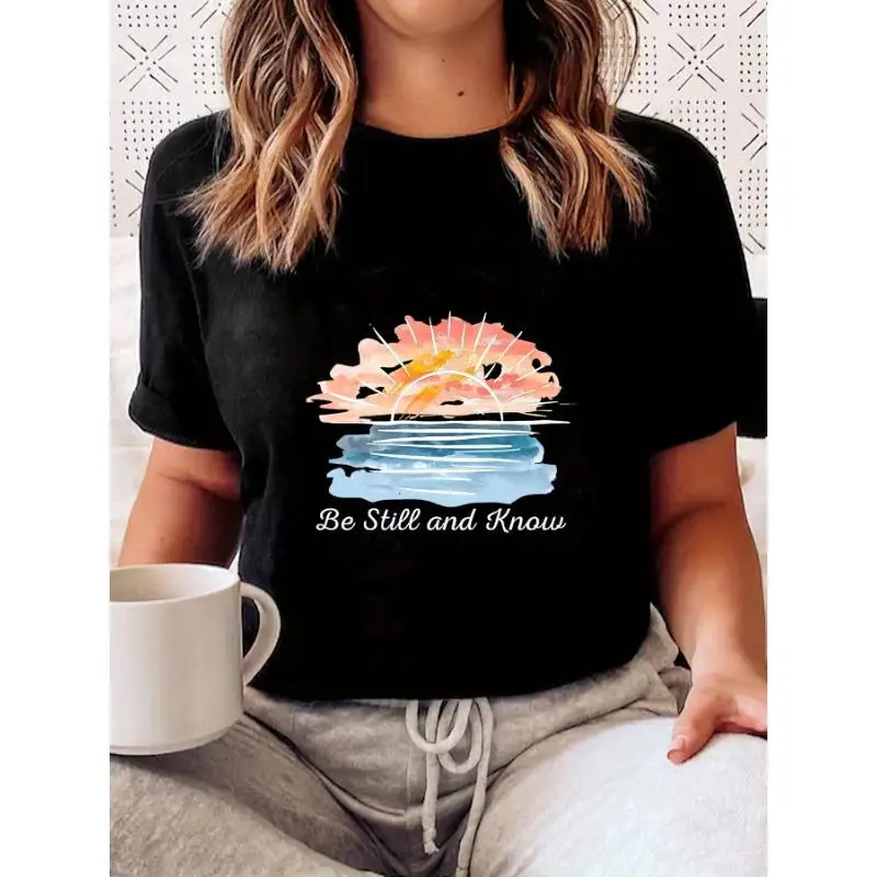

Be Still and Know" T-Shirt, Abstract Sunset Print Tee, Spiritual Meditative Yoga Top, Calm Nature Scene Aesthetic Casual Shirt