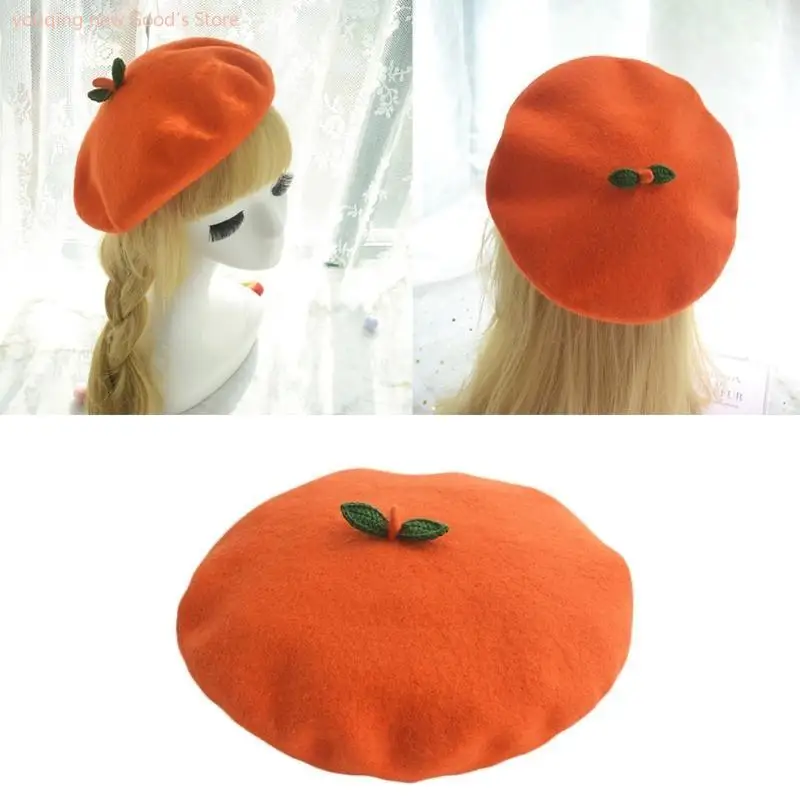 

49ME Winter Faux Wool Green Leaves Tangerine Fruit Painter Hat