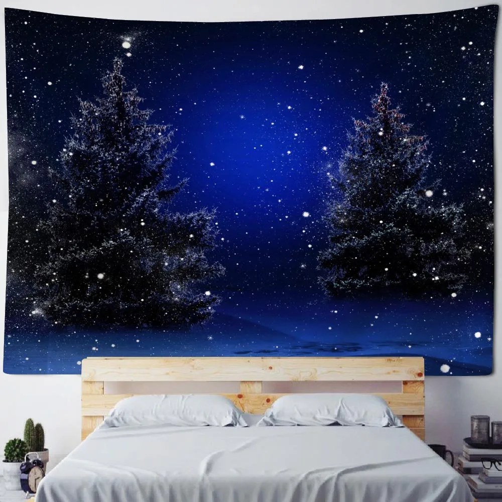 Christmas tree tapestry, forest snow, New Year gifts, starry night sky, room holiday decoration, party wall hanging cloth